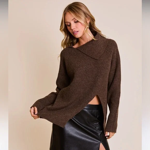 New Le Lis Ribbed Asymmetrical Long Sleeve Sweater in Brown - Picture 1 of 7